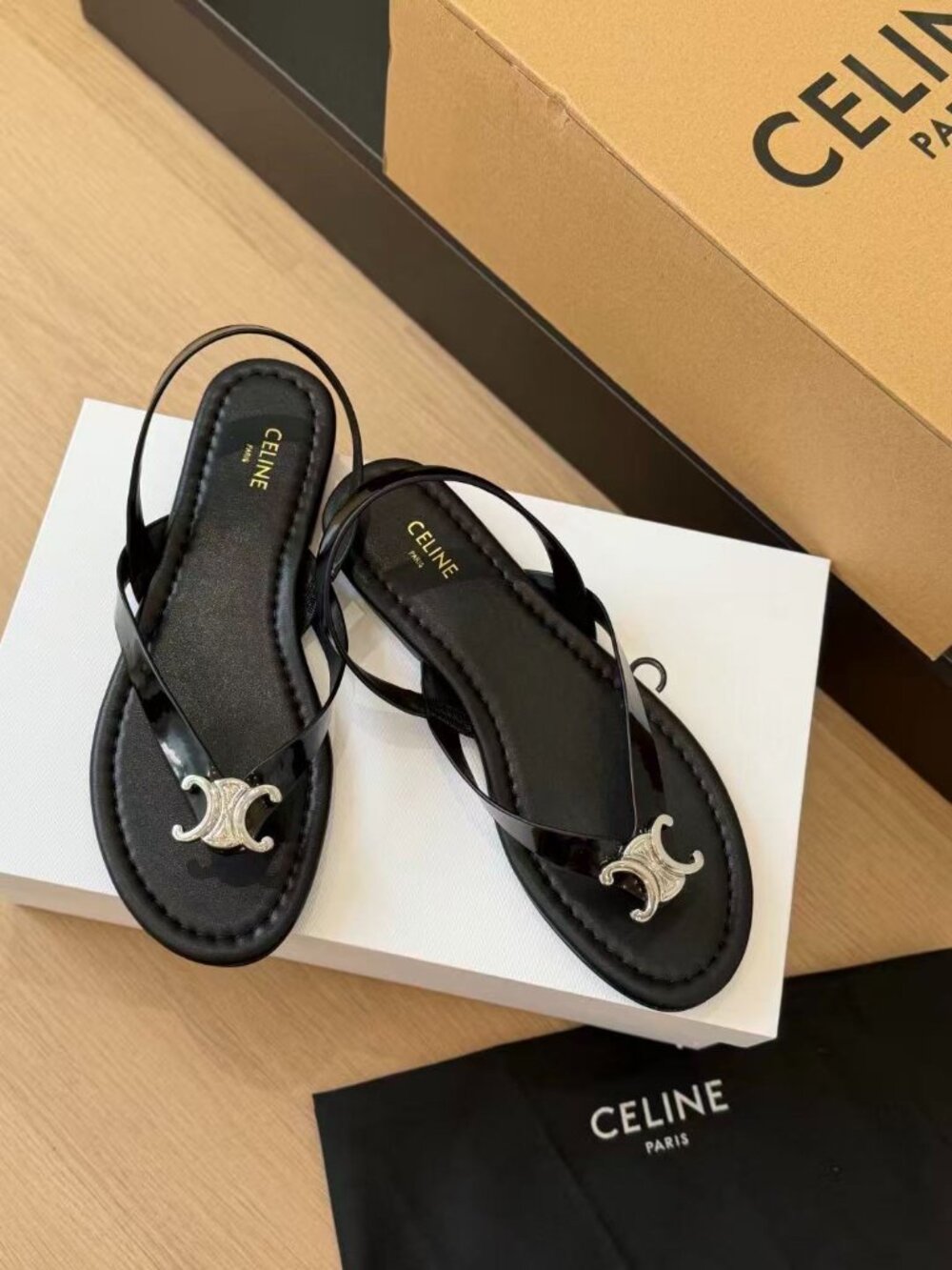 Celine Black Patent Thong Flat Sandals